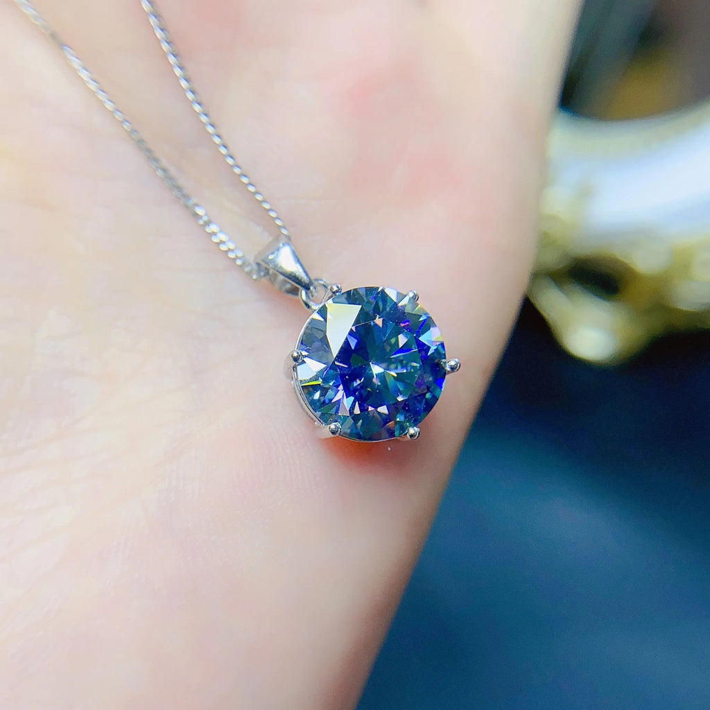 Blue Moissanite Pendant Necklace 3 Carat Round Cut 925 Sterling Silver Solitaire
