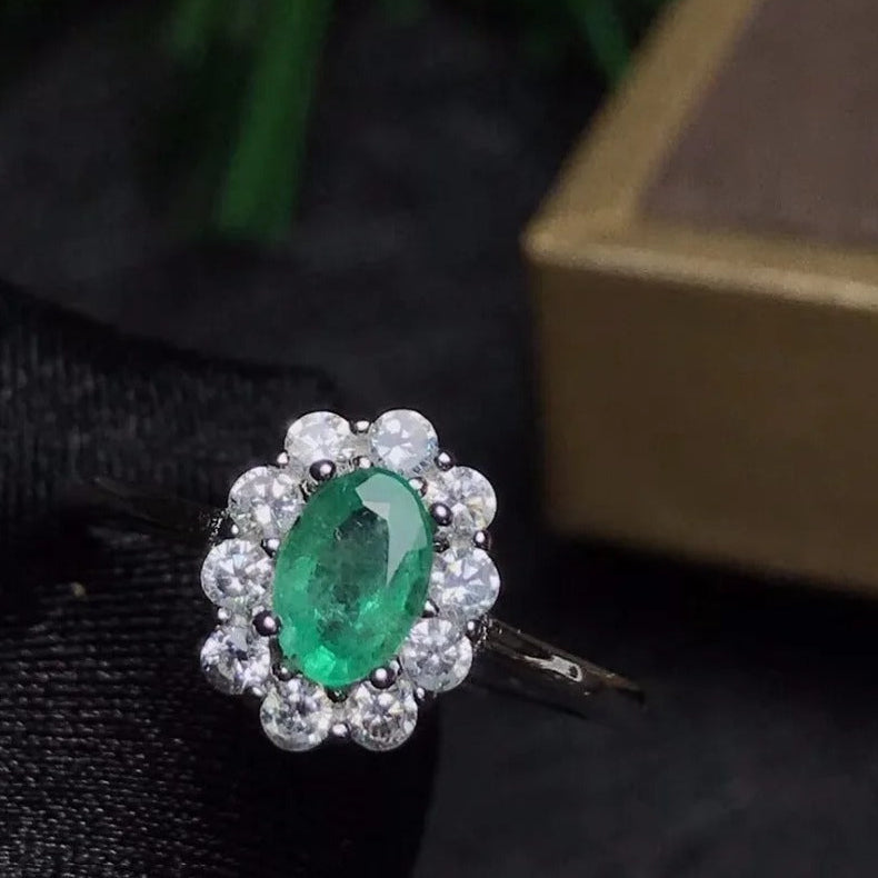 Natural Emerald Ring 925 Sterling Silver Adjustable Emerald Engagement Ring for Women