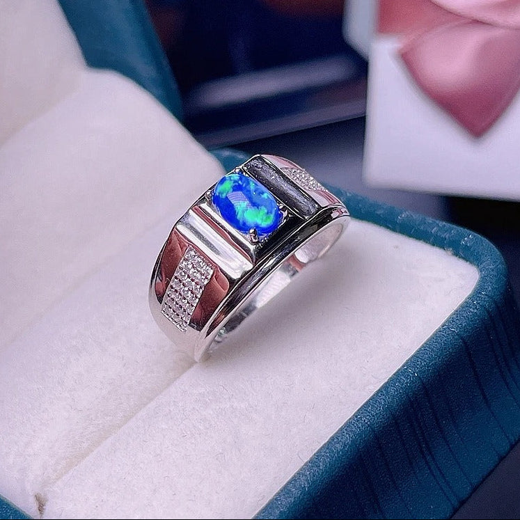 Natural Australian Opal Men’s Ring | Blue Fire 925 Sterling Silver