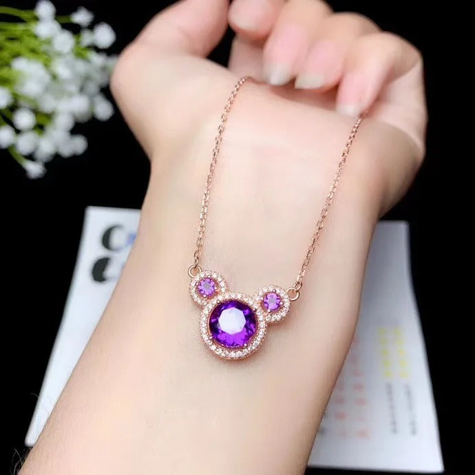 Cartoon Bear Amethyst Necklace – 925 Sterling Silver Cute Fairy Tale Pendant