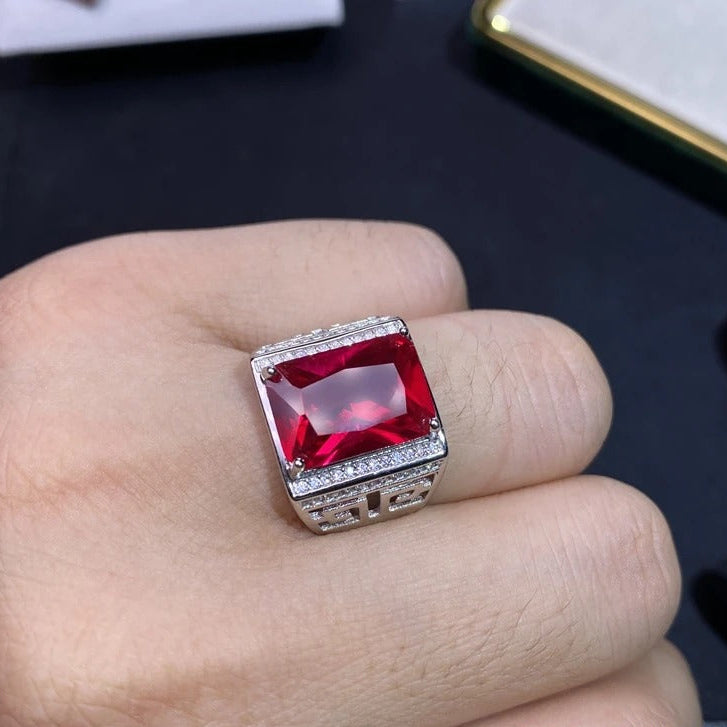 Men’s Natural Ruby Ring 925 Sterling Silver Square Gem Statement Jewelry
