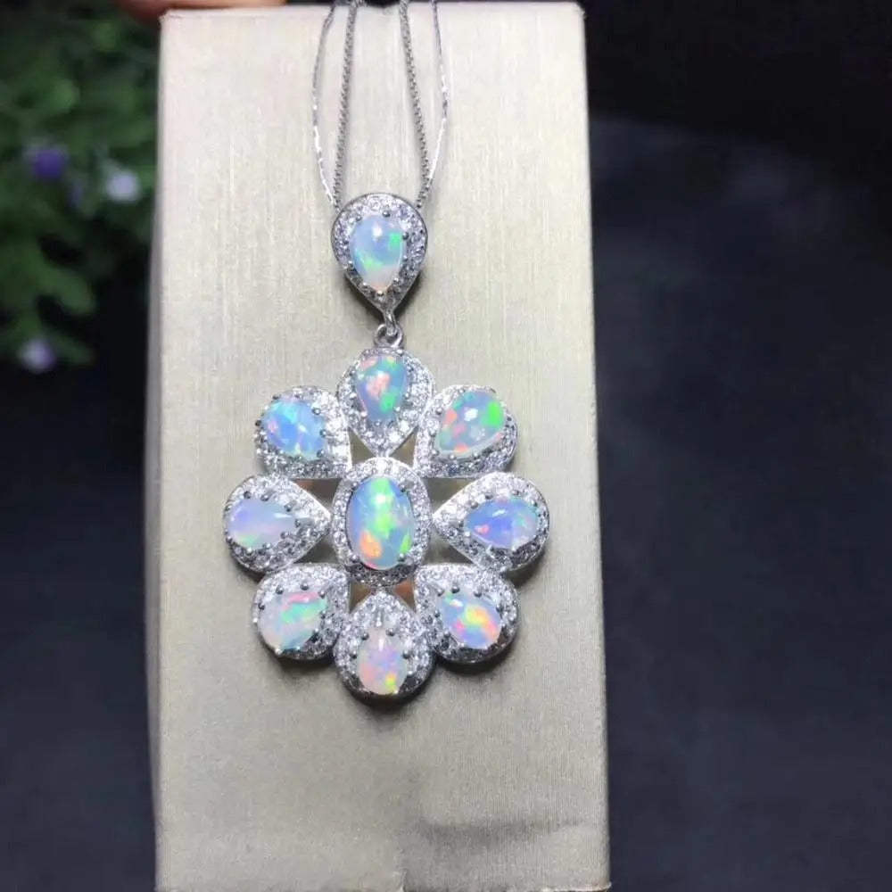 Luxury Natural Opal Flower Necklace – 925 Sterling Silver Handmade Pendant