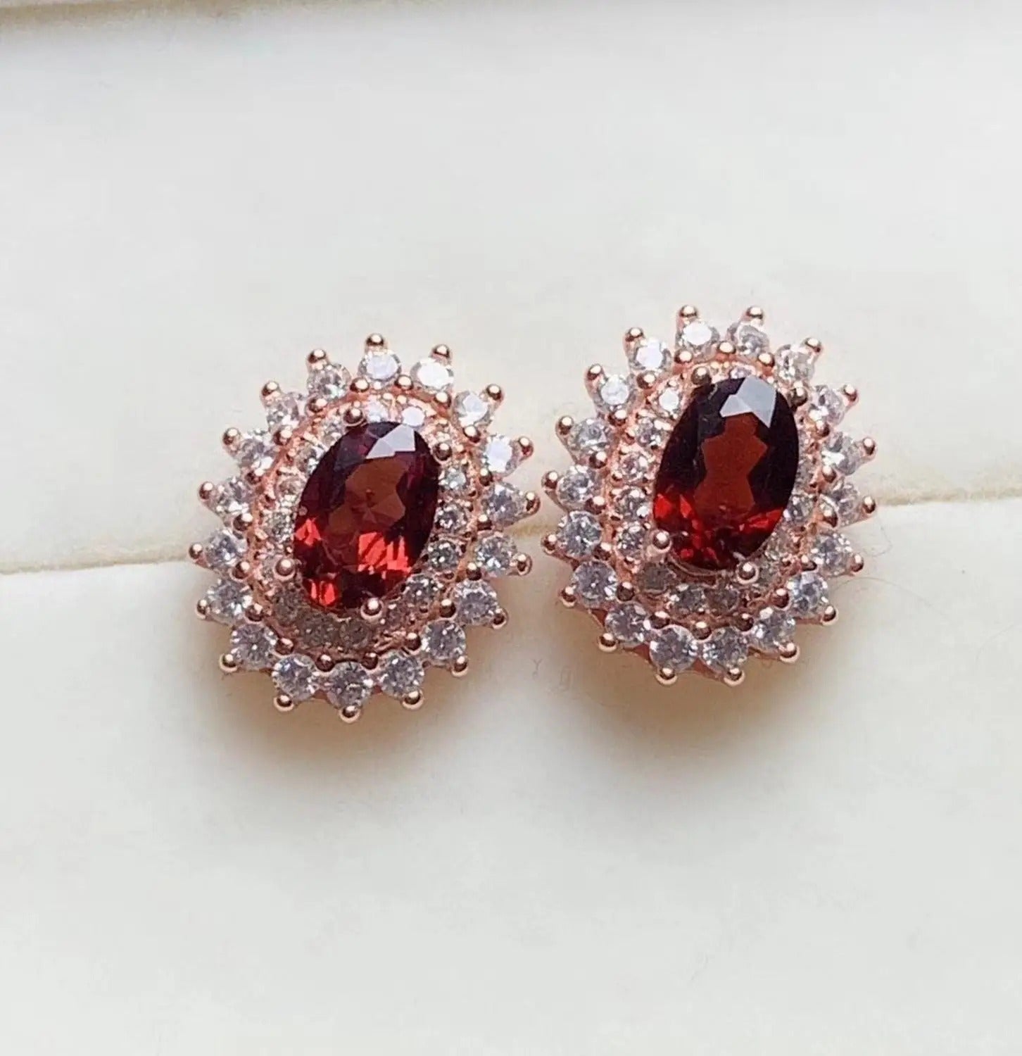 Natural Garnet Stud Earrings in 925 Sterling Silver | Elegant Red Gemstone Earrings for Women