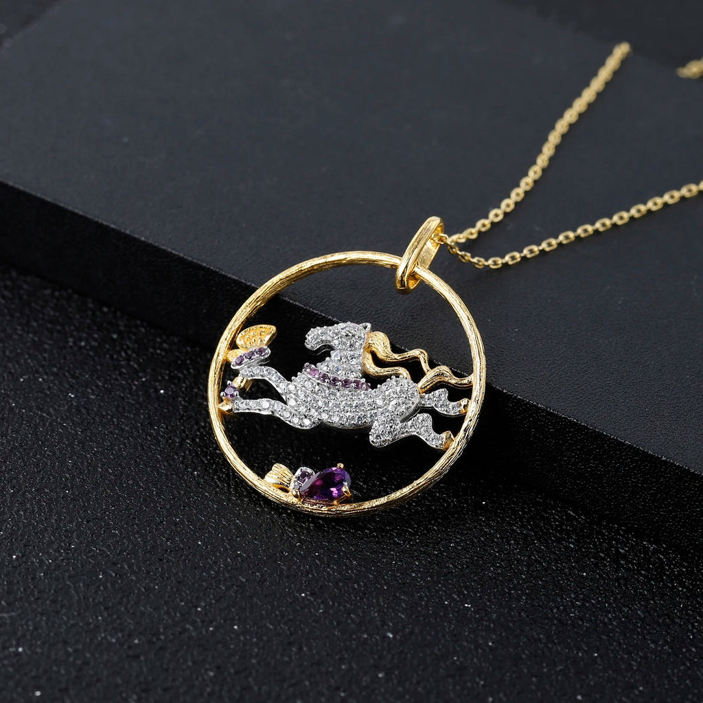Galloping Horse Amethyst Silver Pendant