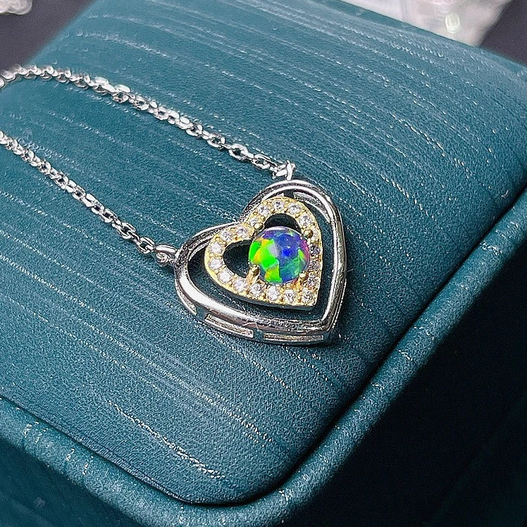 Natural Black Opal Heart Necklace – 925 Sterling Silver Fire Opal Pendant