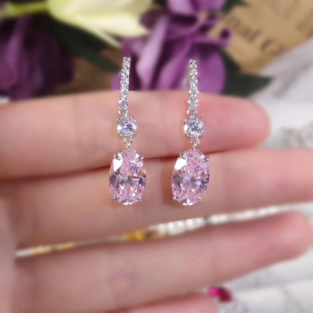 Diamond-Fire Pink CZ Drop Earrings | 925 Sterling Silver Fish Hook Earrings