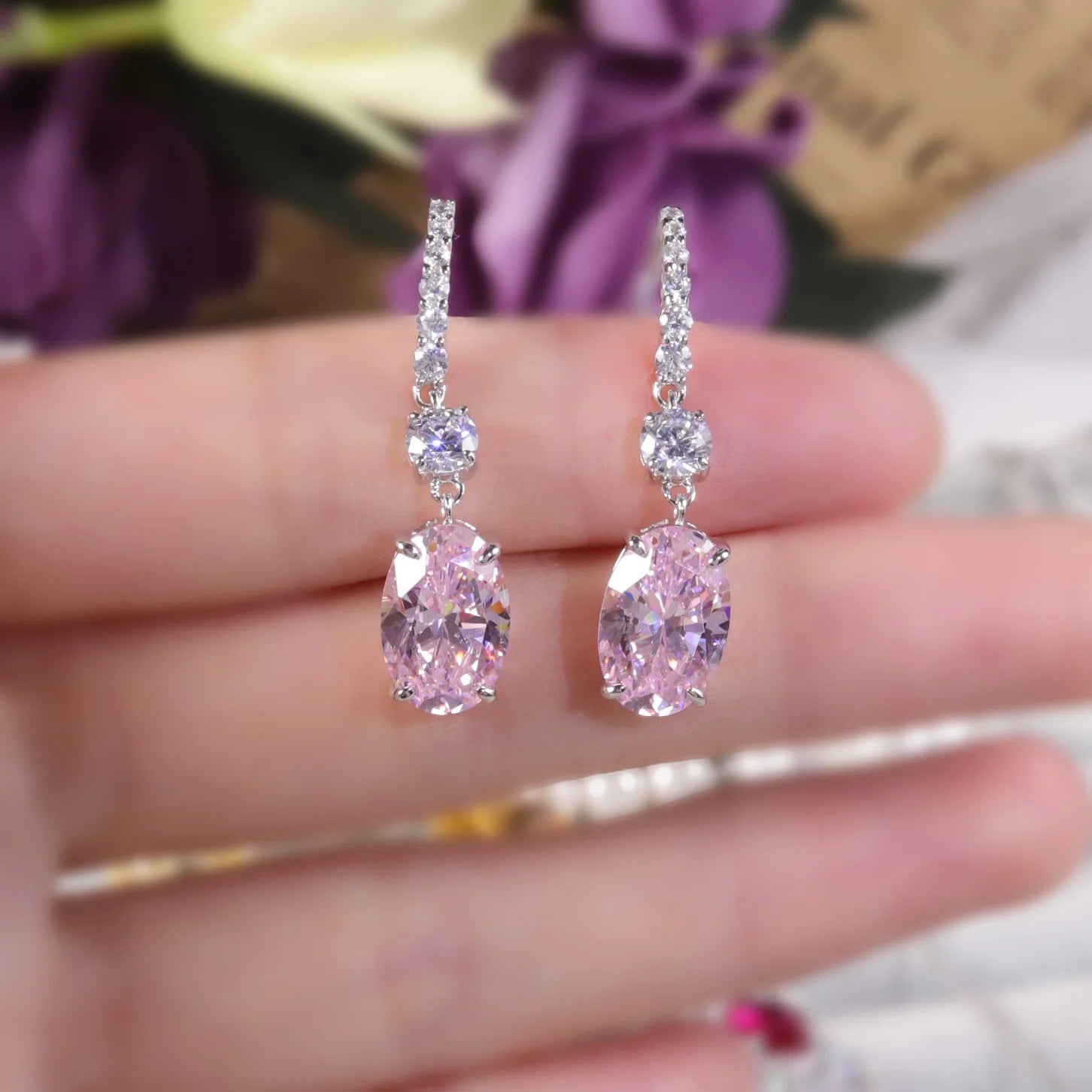 Diamond-Fire Pink CZ Drop Earrings | 925 Sterling Silver Fish Hook Earrings