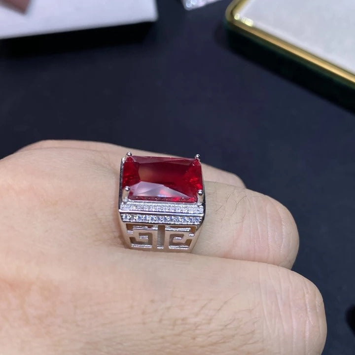 Men’s Natural Ruby Ring 925 Sterling Silver Square Gem Statement Jewelry