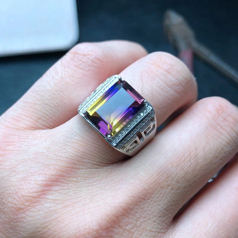 Natural Ametrine Men’s Ring in 925 Sterling Silver | Hollow Court Statement Ring