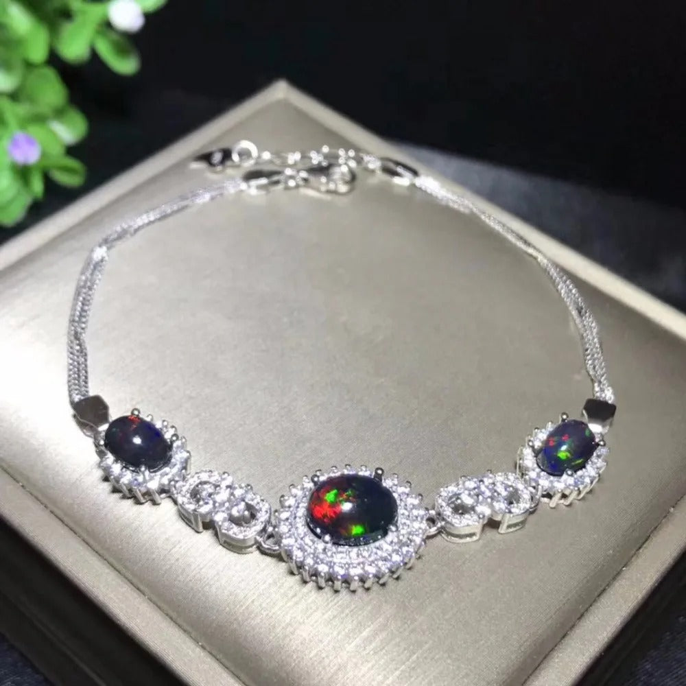 Natural Black Opal Bracelet in 925 Sterling Silver | Australian Color-Change Opal Jewelry