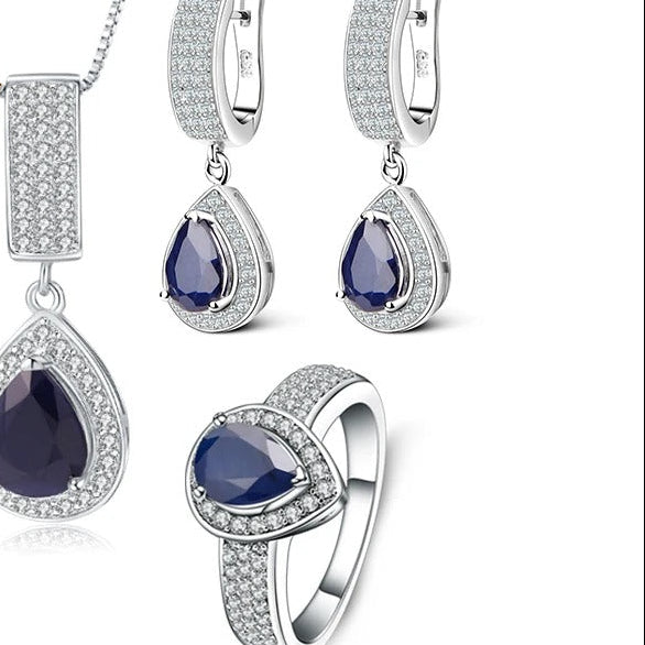 Classic Blue Sapphire Jewelry Set – 925 Sterling Silver Pendant, Earrings & Ring for Women