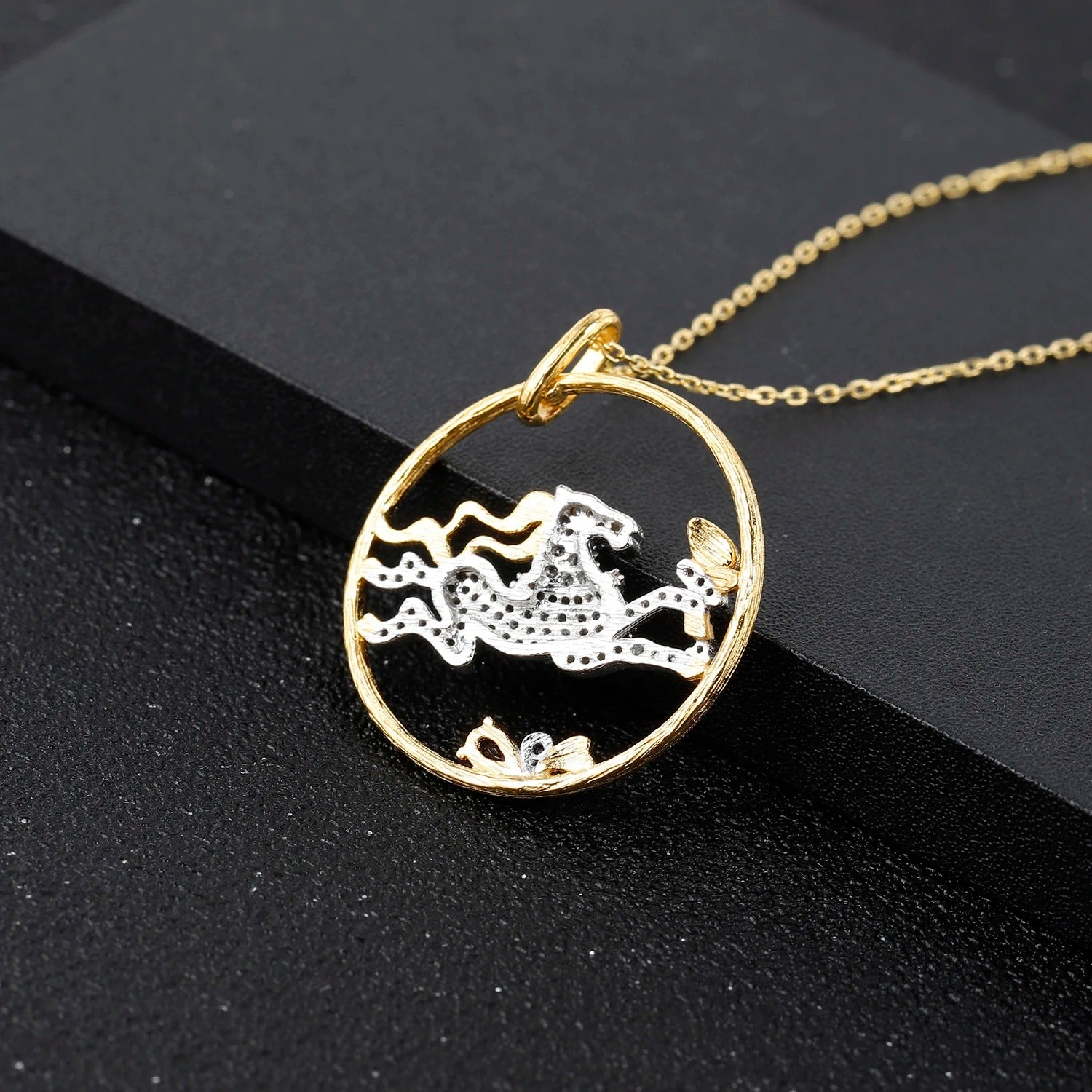 925 Sterling Silver Galloping Horse Pendant Necklace with Natural Amethyst – Gold Plated Fine Jewelry for Women