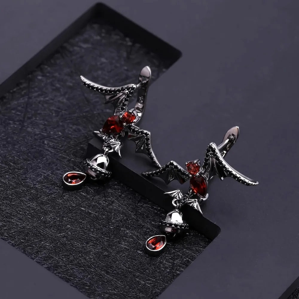 Natural Garnet Bat Drop Earrings – 925 Sterling Silver Gothic Punk Jewelry for Women