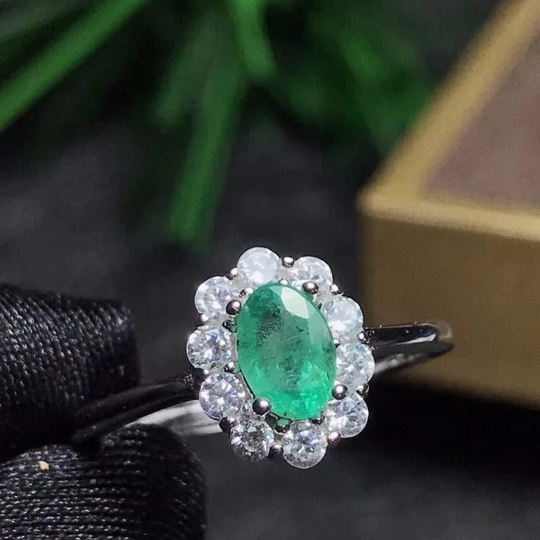 Natural Emerald Ring 925 Sterling Silver Adjustable Emerald Engagement Ring for Women
