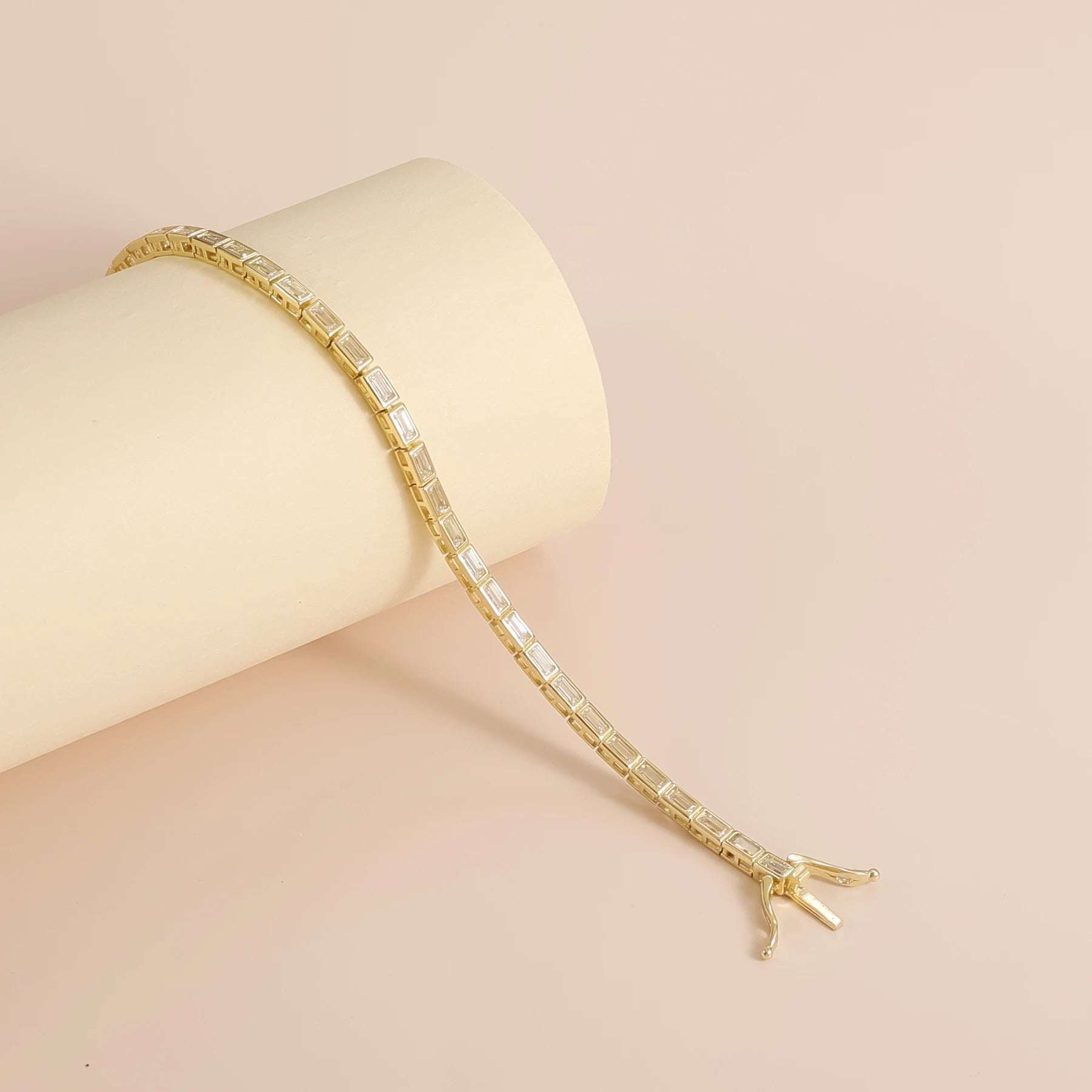 2×4mm Bezel Moissanite Tennis Bracelet in 925 Sterling Silver | 14K Gold Plated Eternity Bracelet