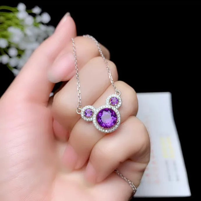 Cartoon Bear Amethyst Necklace – 925 Sterling Silver Cute Fairy Tale Pendant