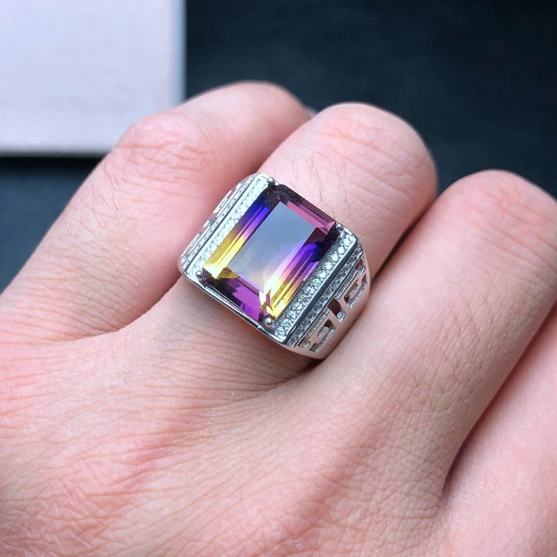 Natural Ametrine Men’s Ring in 925 Sterling Silver | Hollow Court Statement Ring