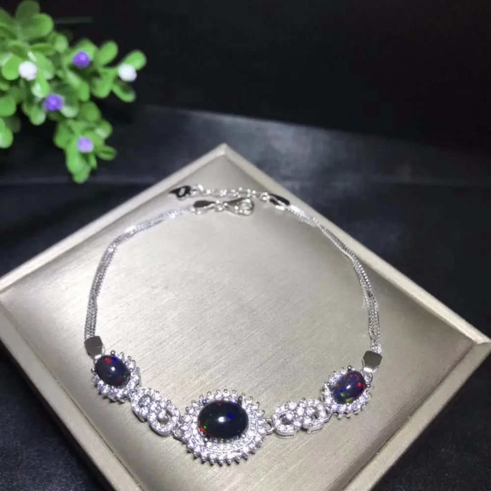 Natural Black Opal Bracelet in 925 Sterling Silver | Australian Color-Change Opal Jewelry
