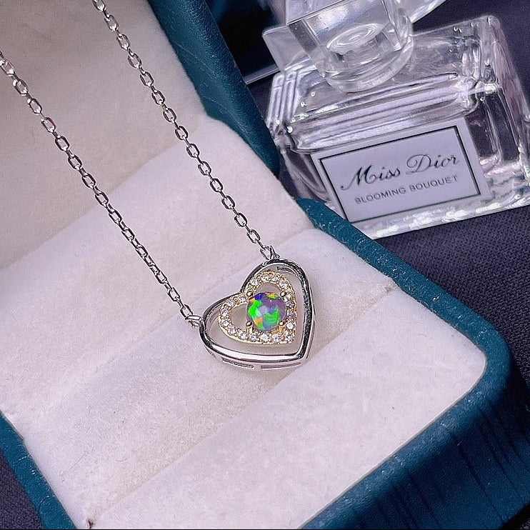 Natural Black Opal Heart Necklace – 925 Sterling Silver Fire Opal Pendant