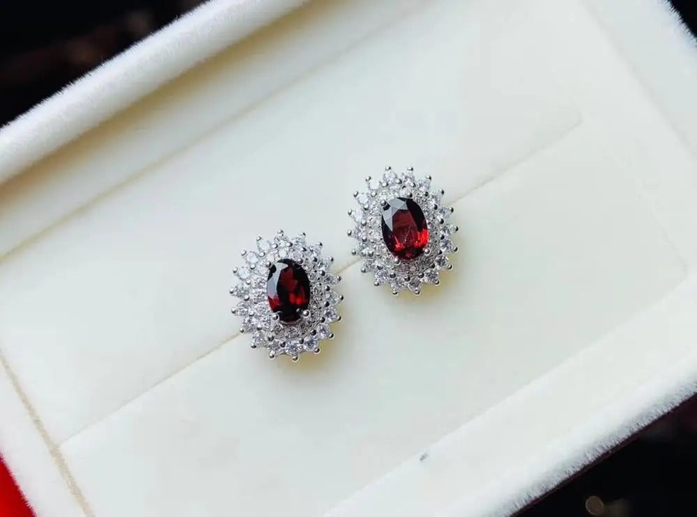 Natural Garnet Stud Earrings in 925 Sterling Silver | Elegant Red Gemstone Earrings for Women
