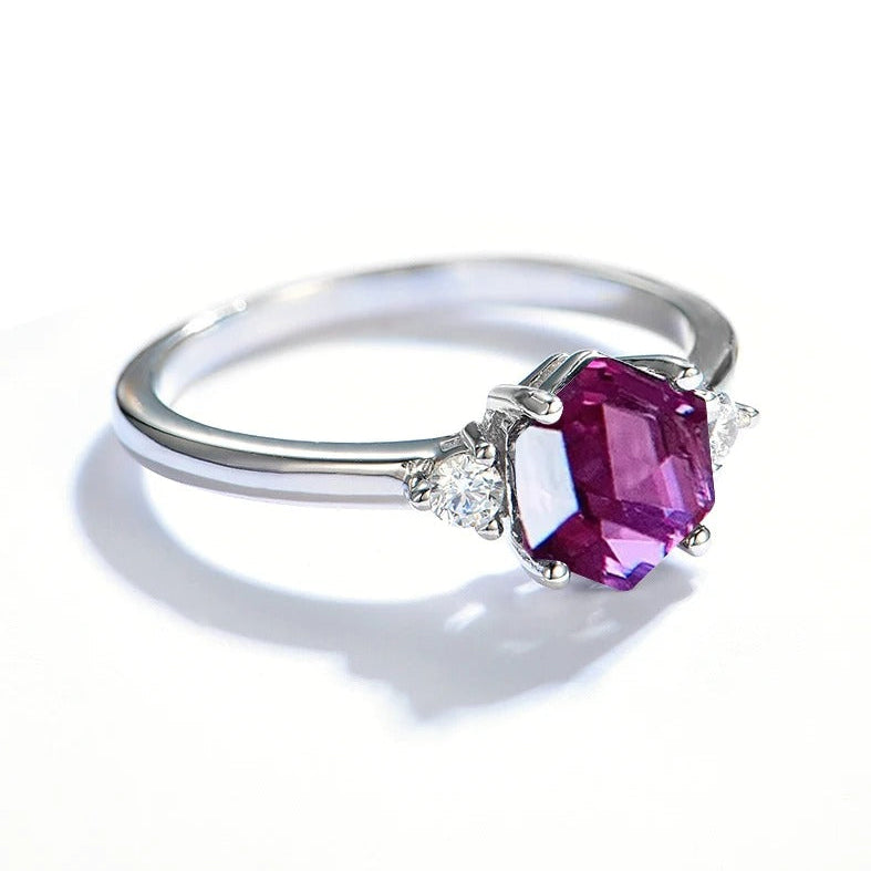 Hexagon Gemstone Ring 925 Sterling Silver Three-Stone Engagement Ring for Women
