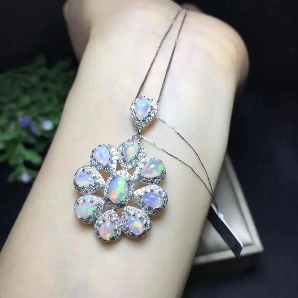 Luxury Natural Opal Flower Necklace – 925 Sterling Silver Handmade Pendant