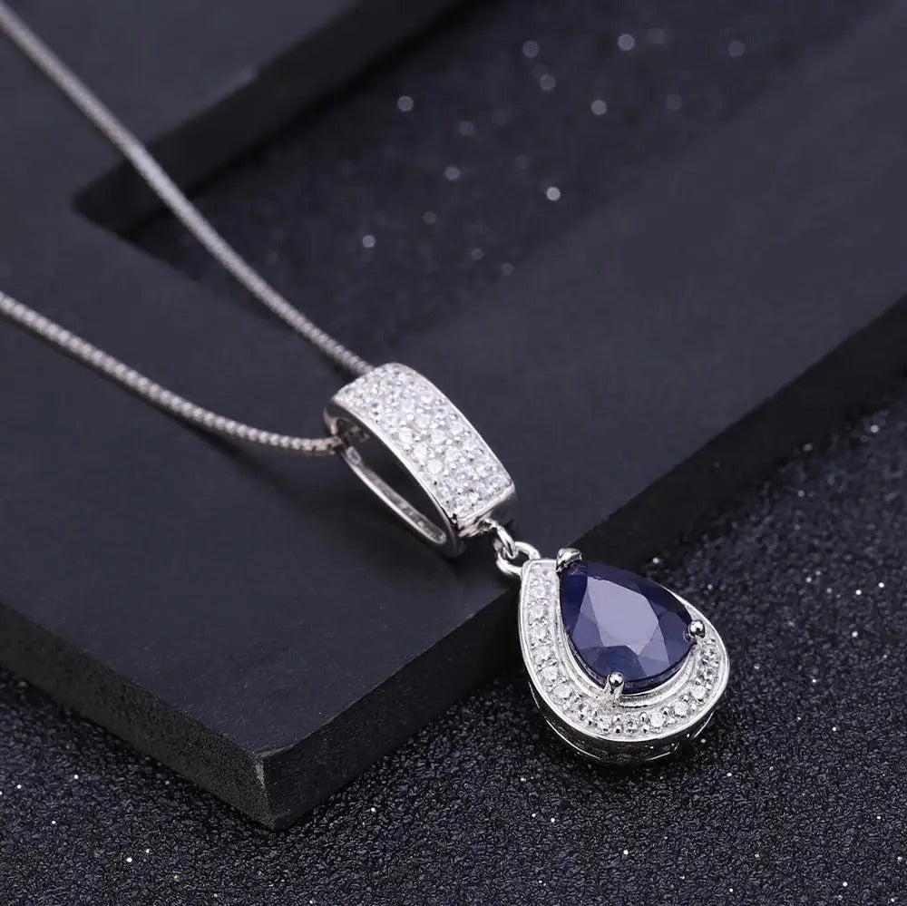 Classic Blue Sapphire Jewelry Set – 925 Sterling Silver Pendant, Earrings & Ring for Women
