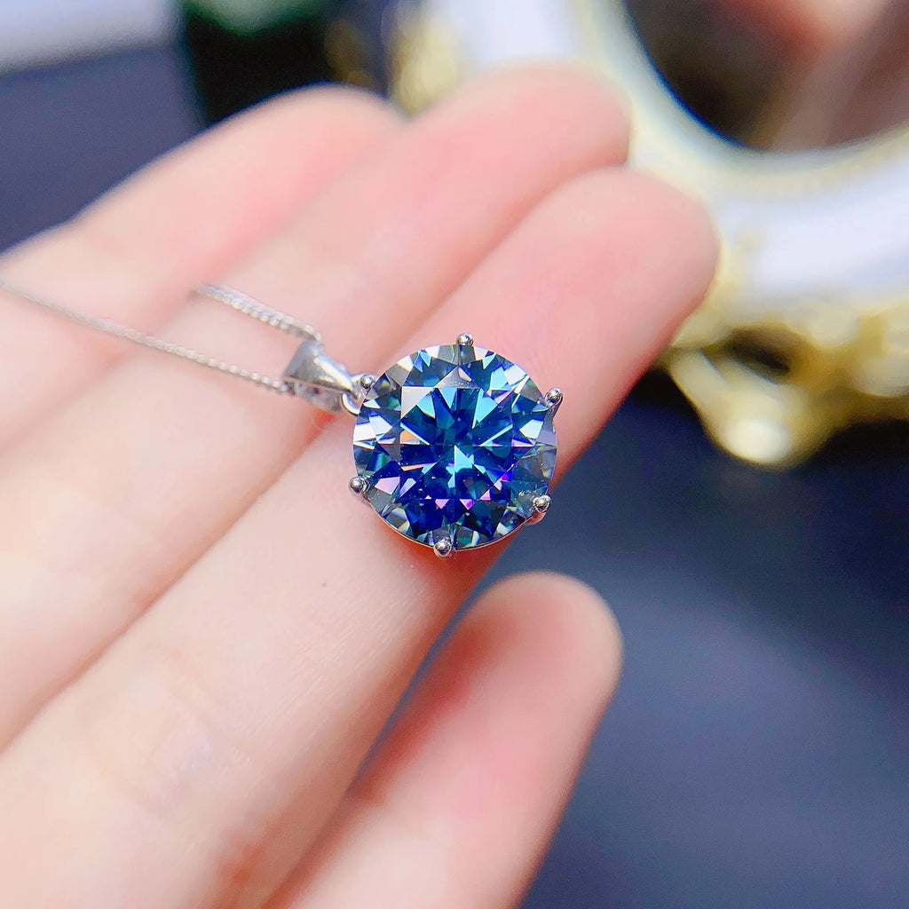 Blue Moissanite Pendant Necklace 3 Carat Round Cut 925 Sterling Silver Solitaire