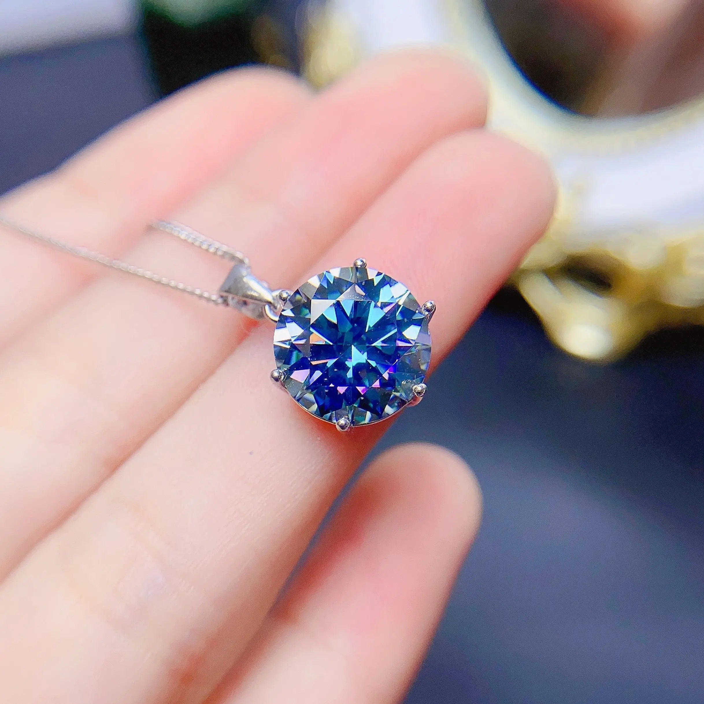 Blue Moissanite Pendant Necklace 3 Carat Round Cut 925 Sterling Silver Solitaire