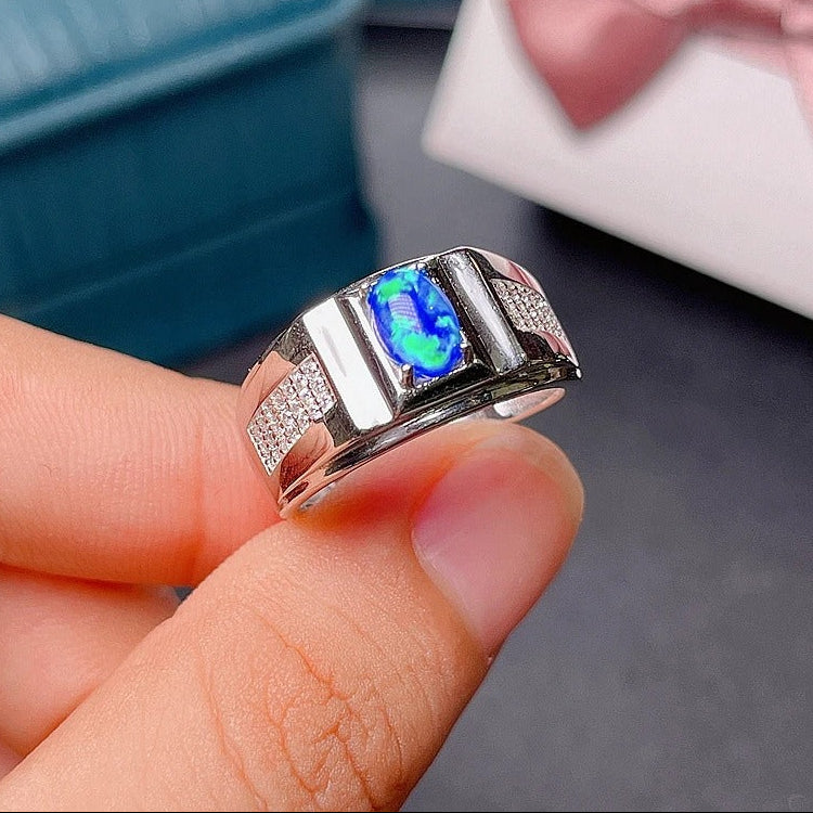 Natural Australian Opal Men’s Ring | Blue Fire 925 Sterling Silver