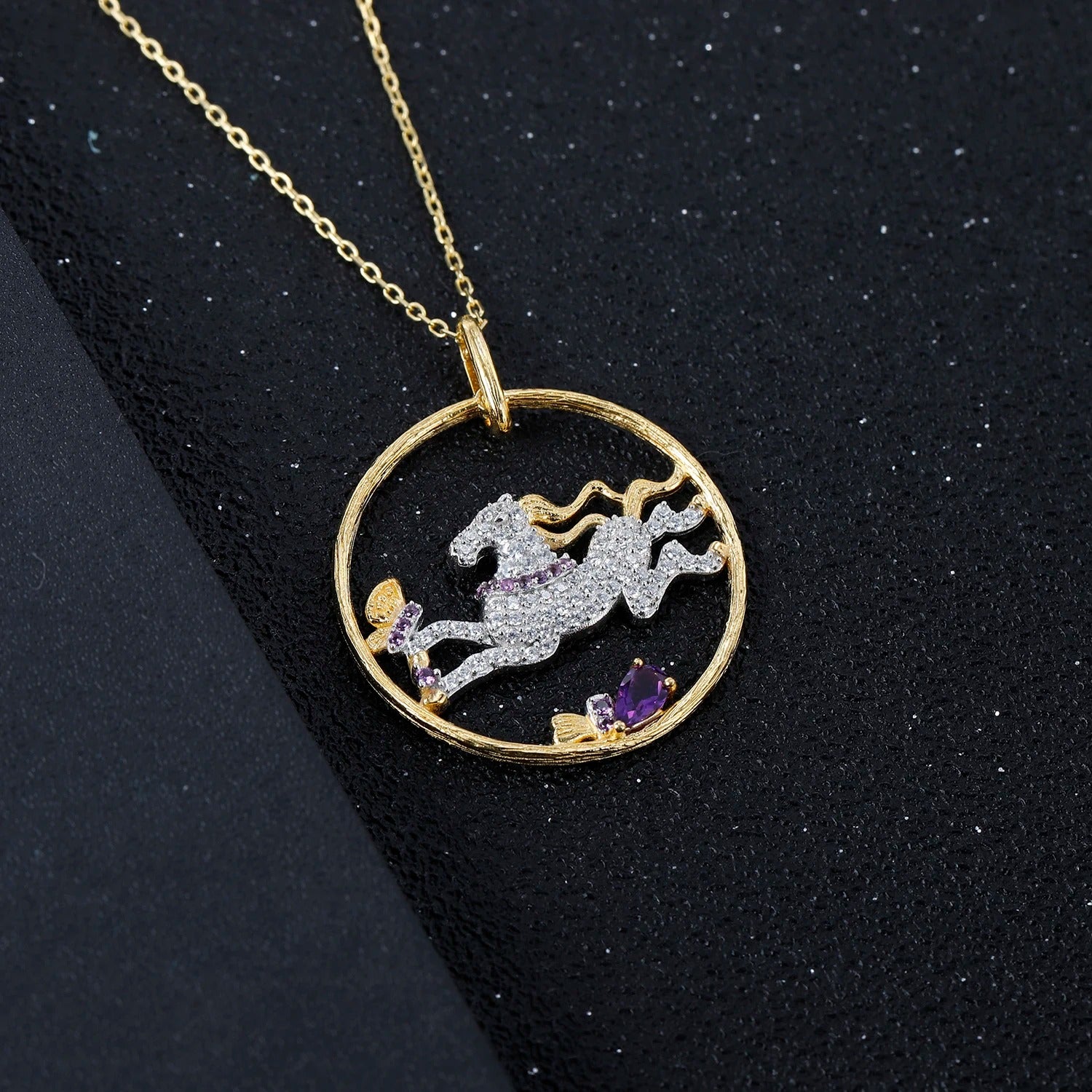 925 Sterling Silver Galloping Horse Pendant Necklace with Natural Amethyst – Gold Plated Fine Jewelry for Women