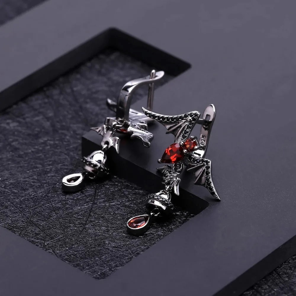Natural Garnet Bat Drop Earrings – 925 Sterling Silver Gothic Punk Jewelry for Women