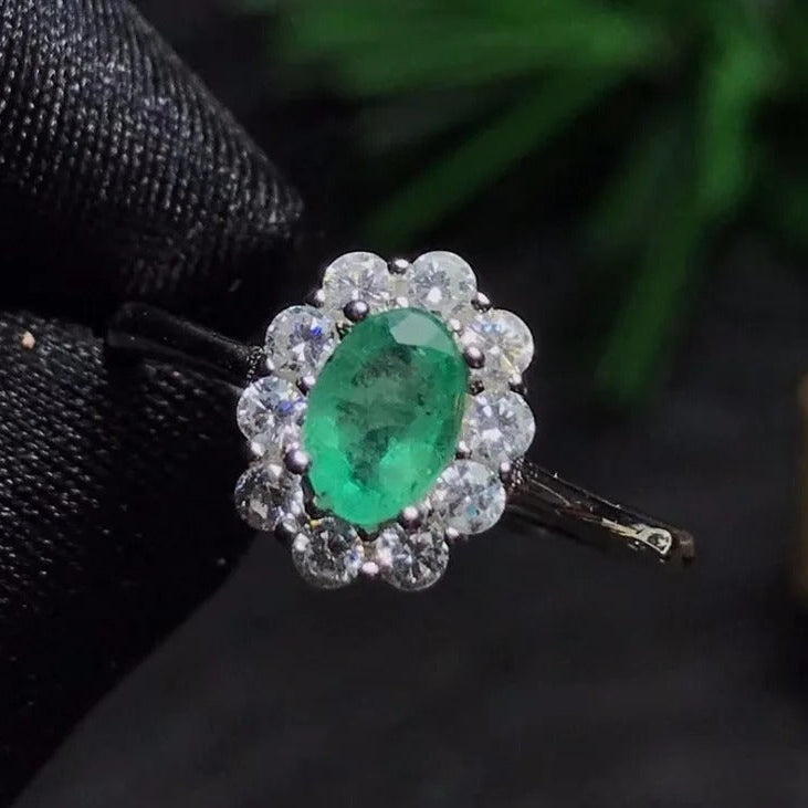 Natural Emerald Ring 925 Sterling Silver Adjustable Emerald Engagement Ring for Women
