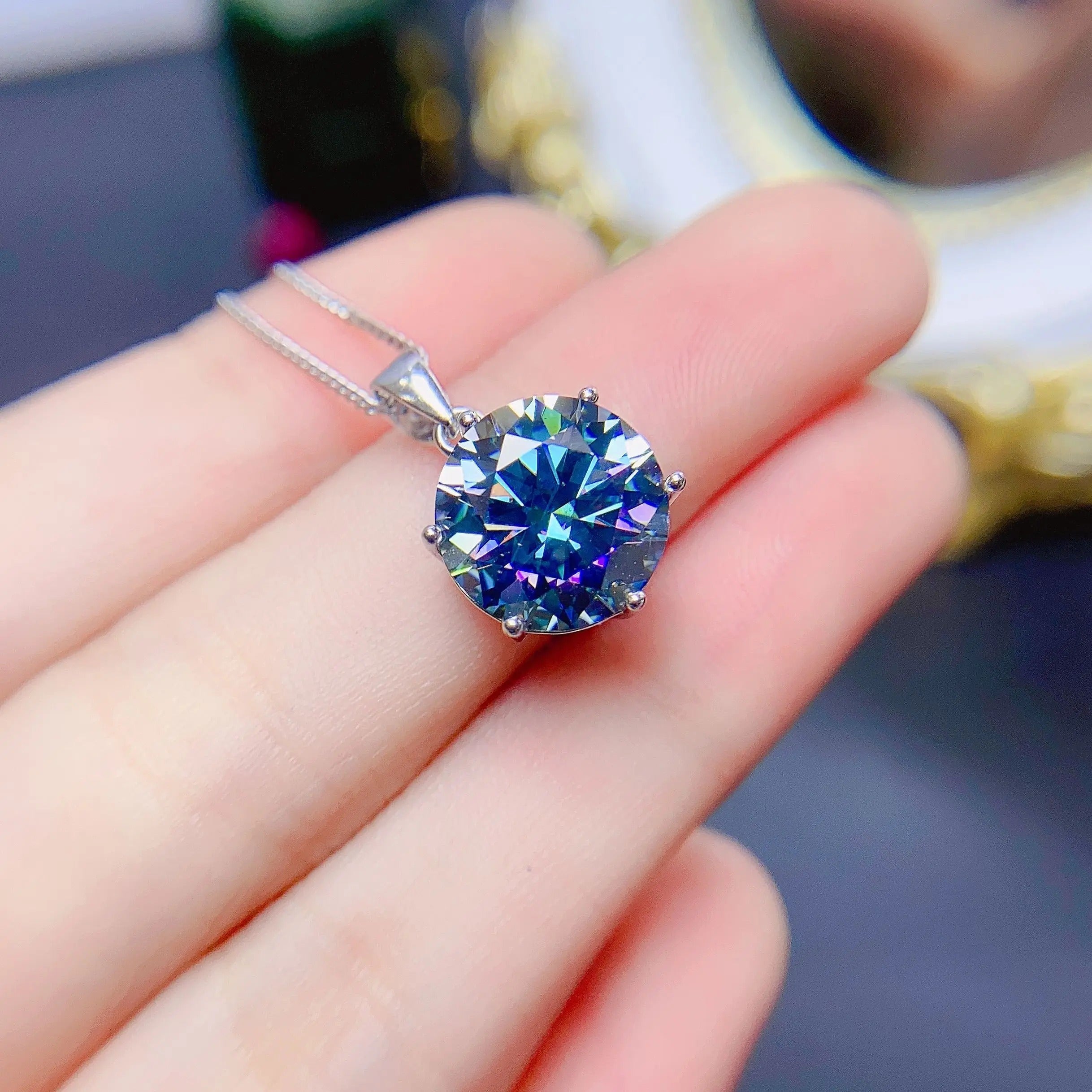 Blue Moissanite Pendant Necklace 3 Carat Round Cut 925 Sterling Silver Solitaire