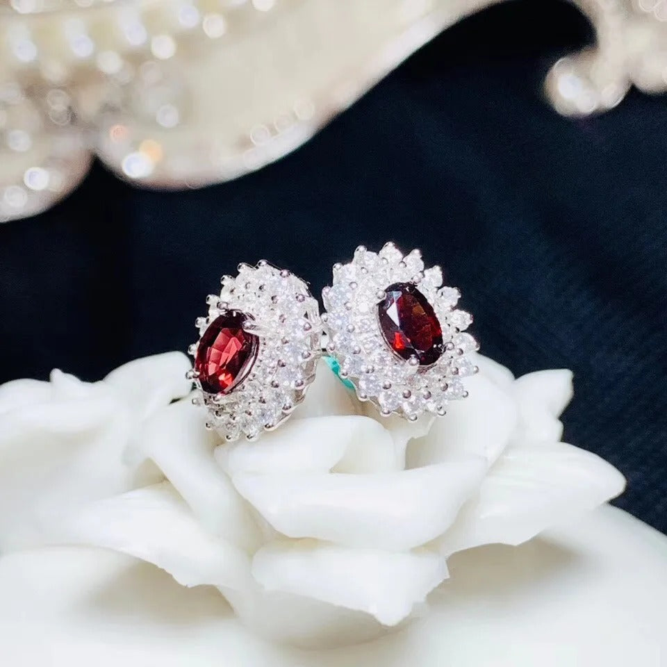 Natural Garnet Stud Earrings in 925 Sterling Silver | Elegant Red Gemstone Earrings for Women