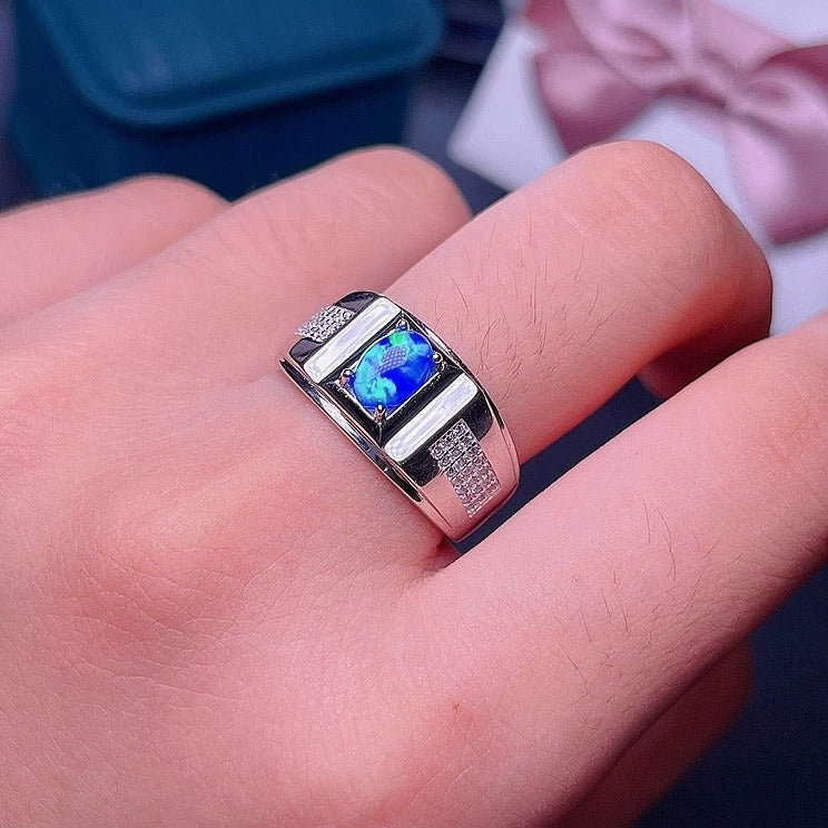 Natural Australian Opal Men’s Ring | Blue Fire 925 Sterling Silver