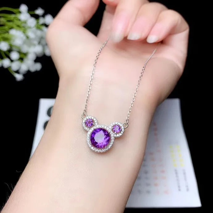 Cartoon Bear Amethyst Necklace – 925 Sterling Silver Cute Fairy Tale Pendant
