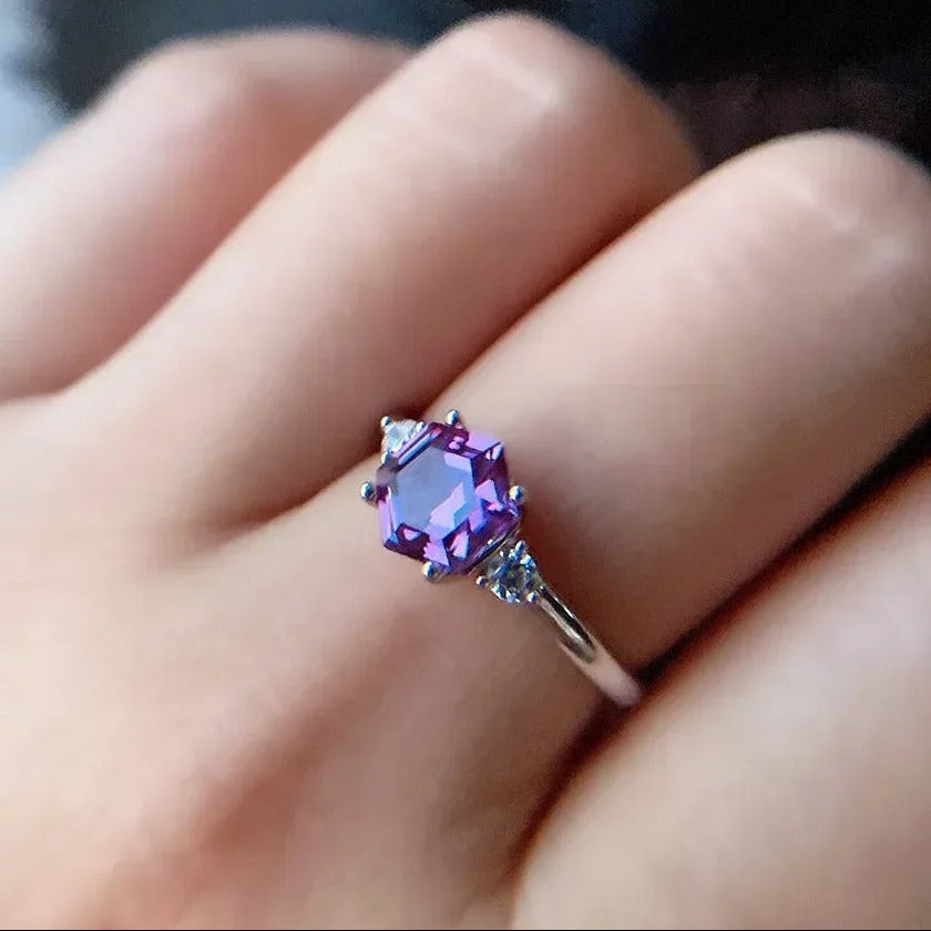 Hexagon Gemstone Ring 925 Sterling Silver Three-Stone Engagement Ring for Women