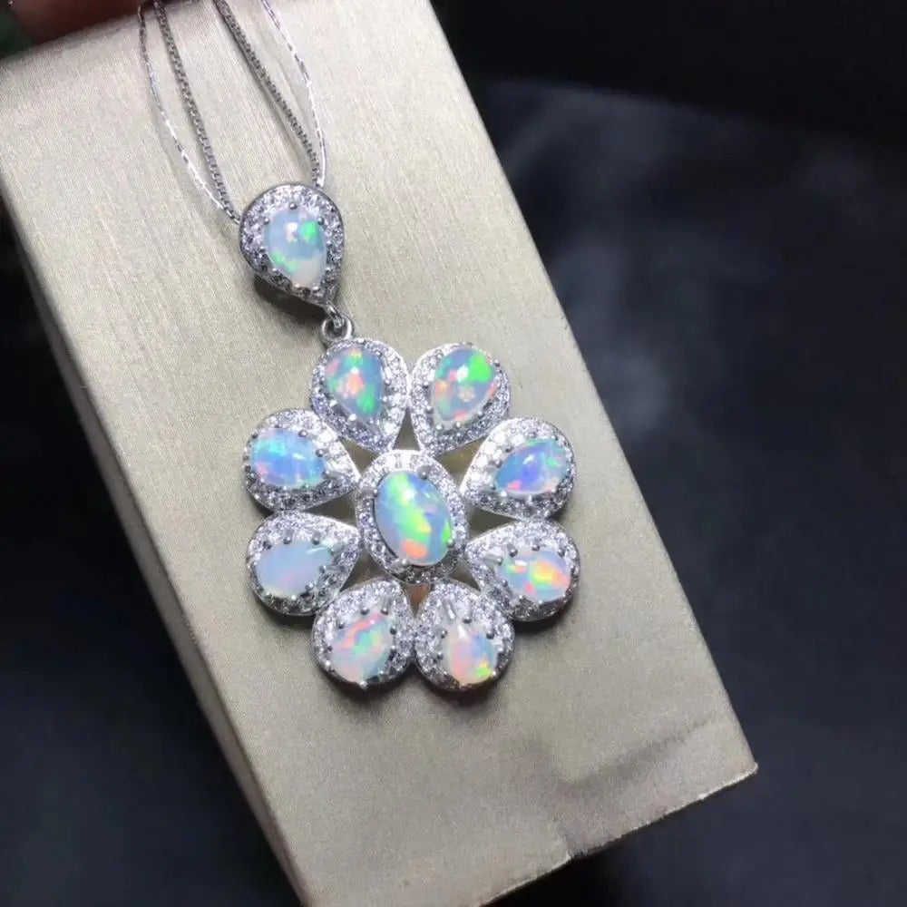 Luxury Natural Opal Flower Necklace – 925 Sterling Silver Handmade Pendant