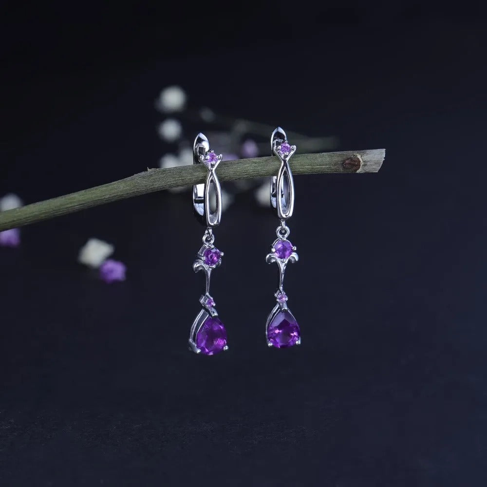 2.87Ct Natural Purple Amethyst Drop Earrings 925 Sterling Silver Vintage Flower