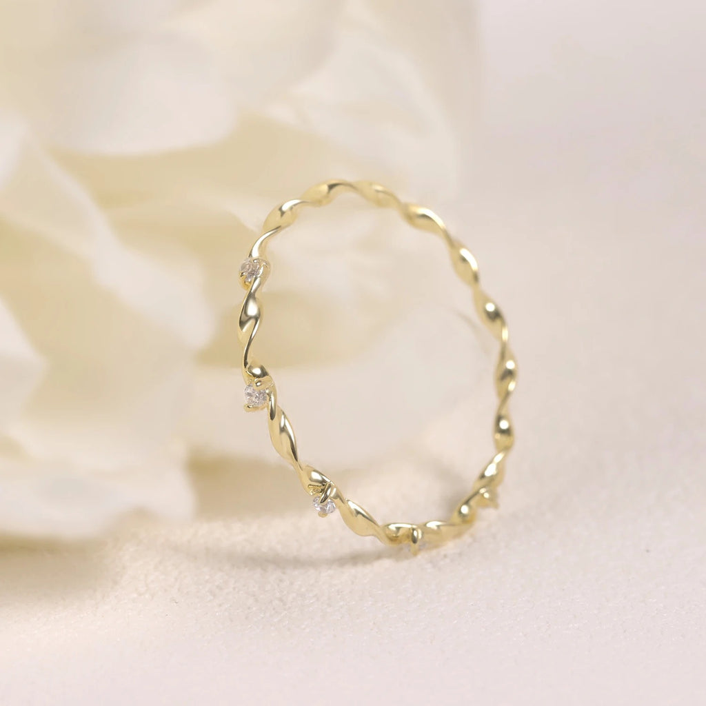 14K Gold Twisted Band Moissanite Ring – 925 Sterling Silver Stackable Wedding Band