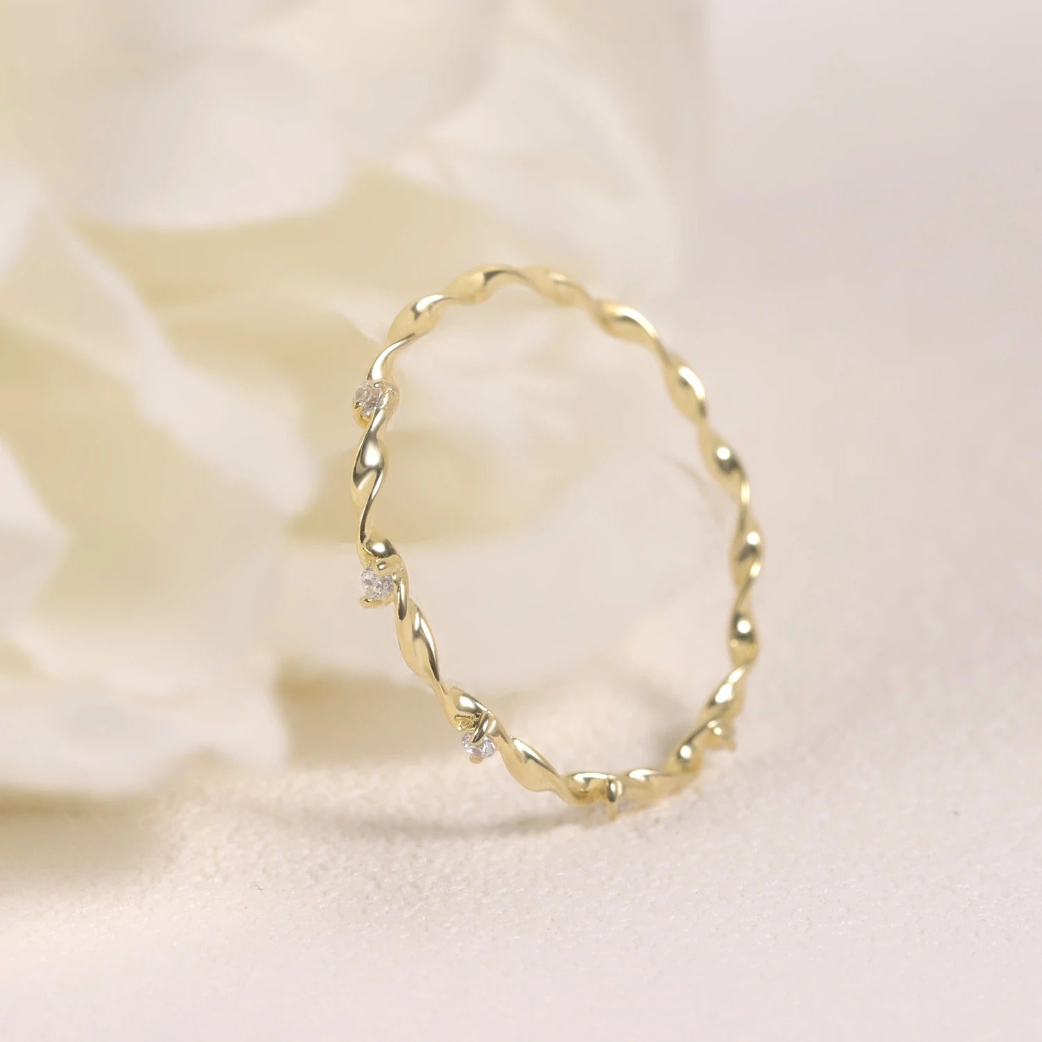 14K Gold Twisted Band Moissanite Ring – 925 Sterling Silver Stackable Wedding Band