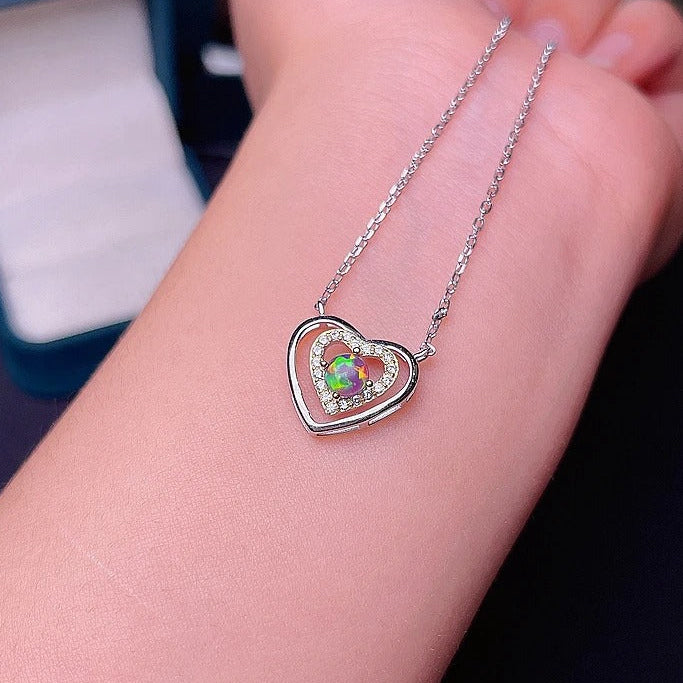 Natural Black Opal Heart Necklace – 925 Sterling Silver Fire Opal Pendant