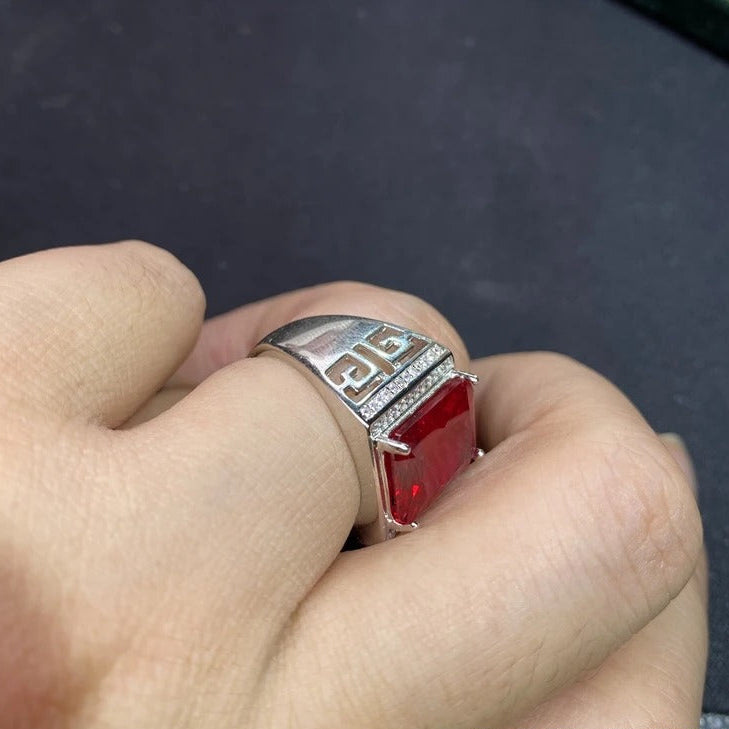 Men’s Natural Ruby Ring 925 Sterling Silver Square Gem Statement Jewelry