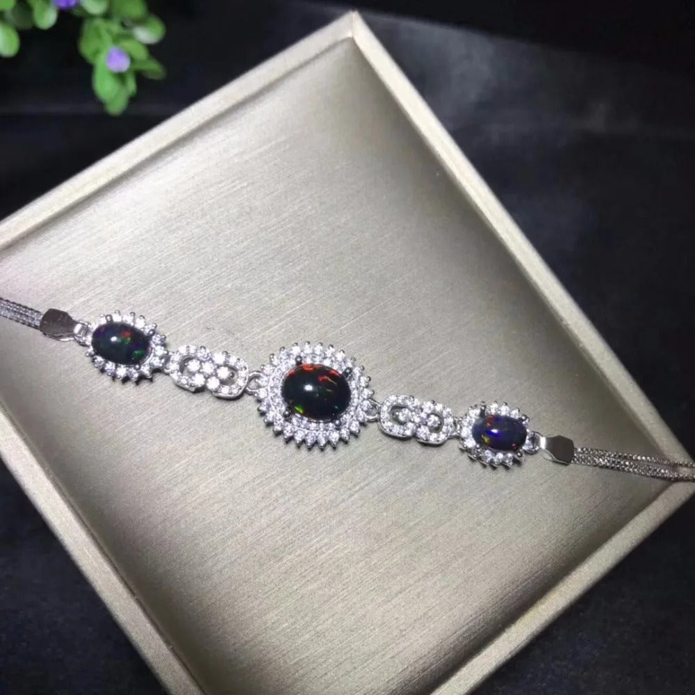 Natural Black Opal Bracelet in 925 Sterling Silver | Australian Color-Change Opal Jewelry