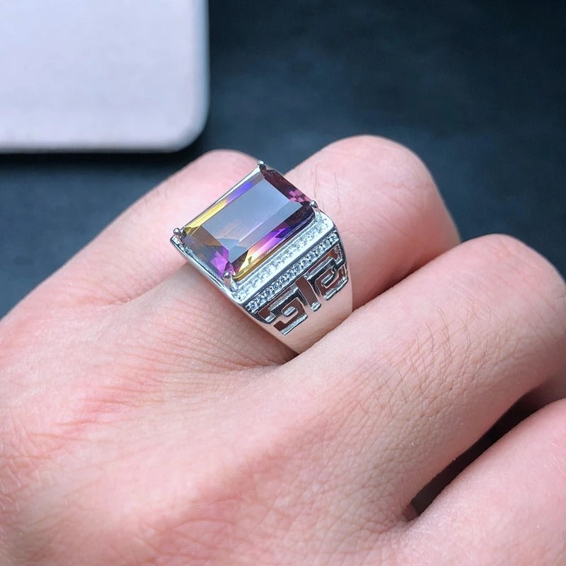 Natural Ametrine Men’s Ring in 925 Sterling Silver | Hollow Court Statement Ring