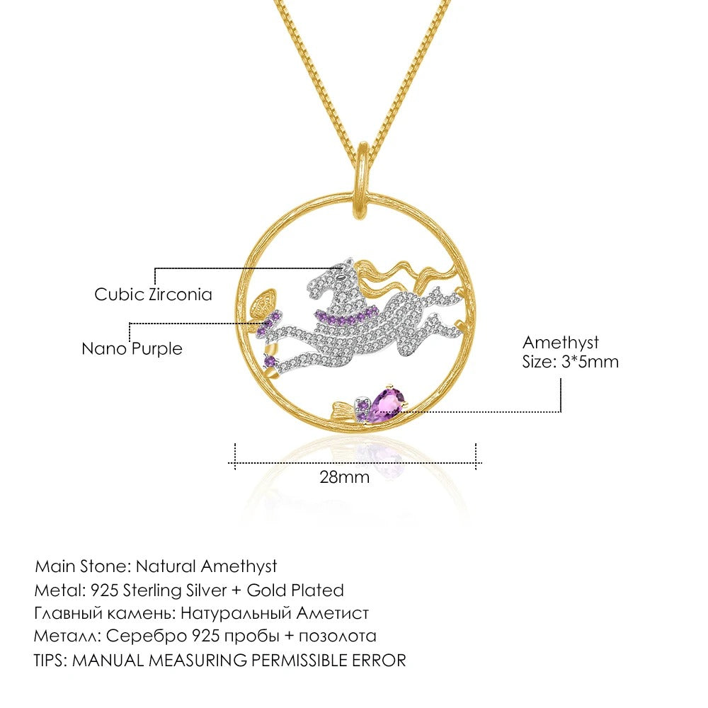 925 Sterling Silver Galloping Horse Pendant Necklace with Natural Amethyst – Gold Plated Fine Jewelry for Women