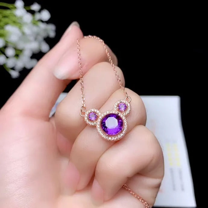 Cartoon Bear Amethyst Necklace – 925 Sterling Silver Cute Fairy Tale Pendant