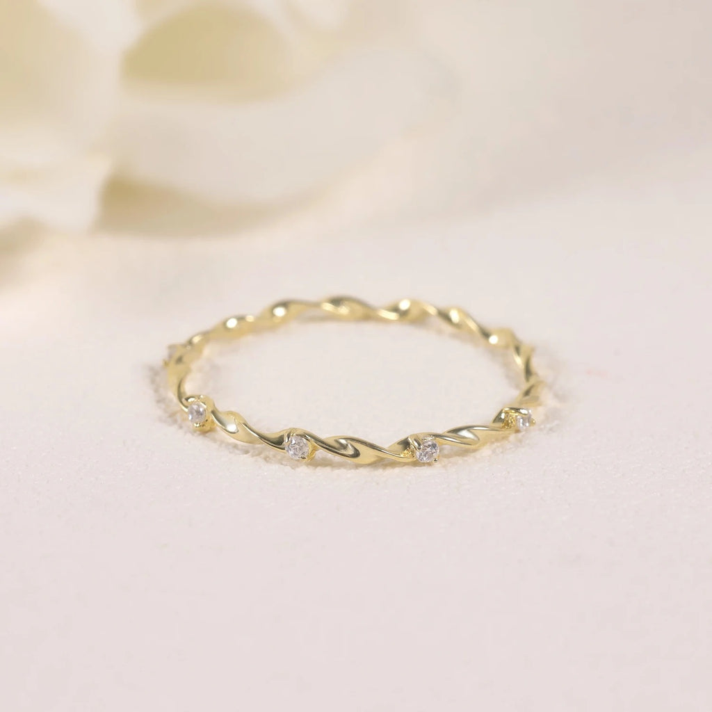 14K Gold Twisted Band Moissanite Ring – 925 Sterling Silver Stackable Wedding Band