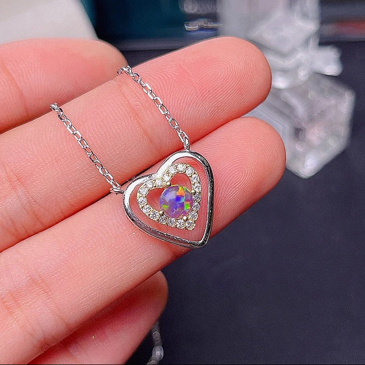Natural Black Opal Heart Necklace – 925 Sterling Silver Fire Opal Pendant